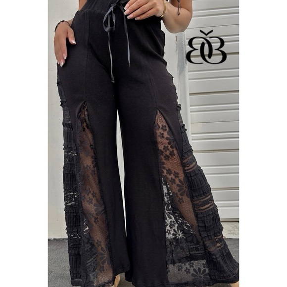 POL Pants - POL Black Rib Knit Lace Panel Flare Pants | Patchwork Wide Leg Pull On